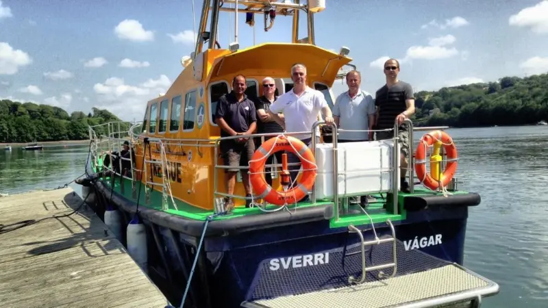The crew from the Faroe Islands Rescue Service taking delivery of 'Sverri' in 201