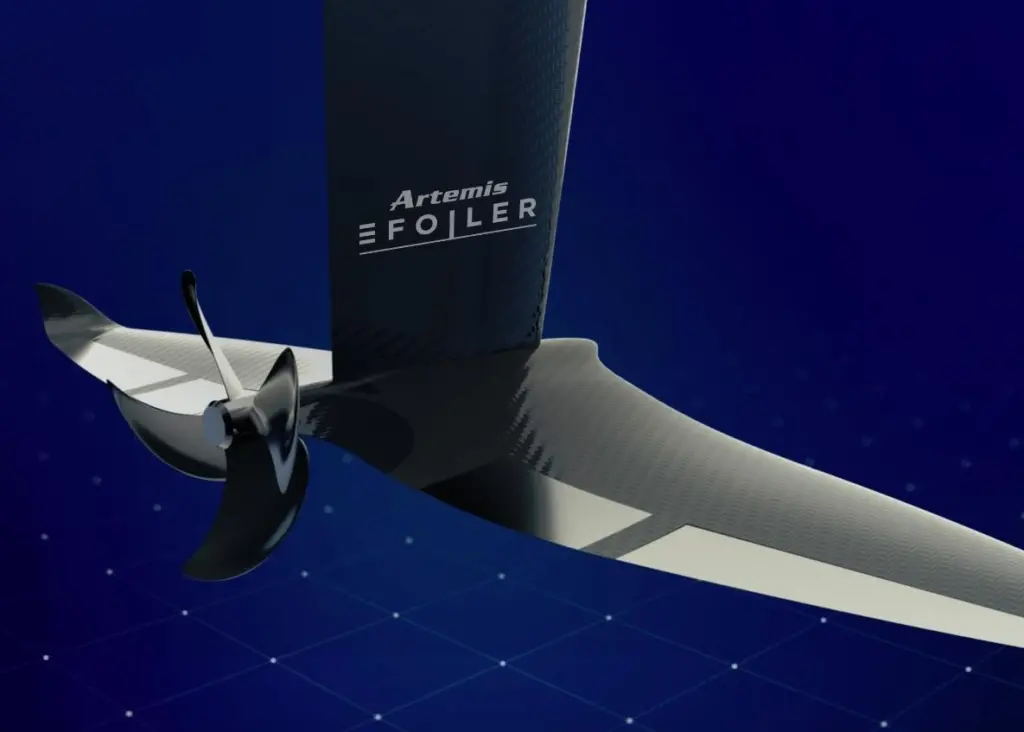 The hydrofoil concept appears to incorporate a bevel gearbox faired into the foil root