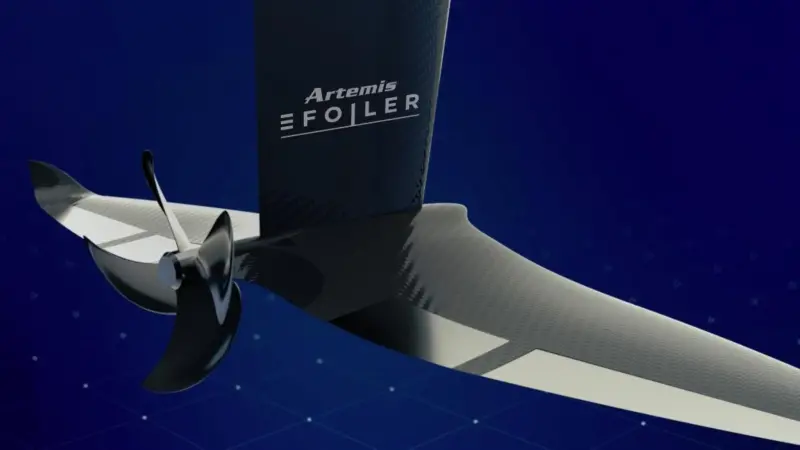 The hydrofoil concept appears to incorporate a bevel gearbox faired into the foil root