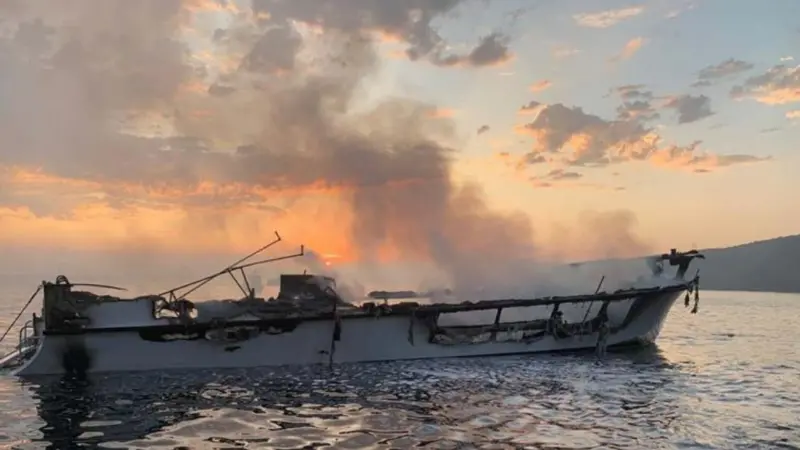 Conception’s burned hull at dawn on Sept. 2, 2019, prior to sinking (Photo: Ventura County Fire Department)
