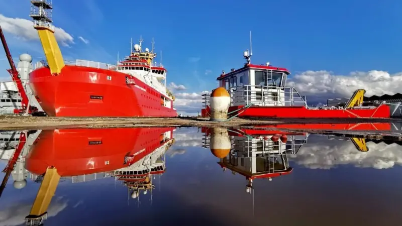 RRS Sir David Attenborough and attendant workboat Terror (Photo: Richard Turner- BAS)