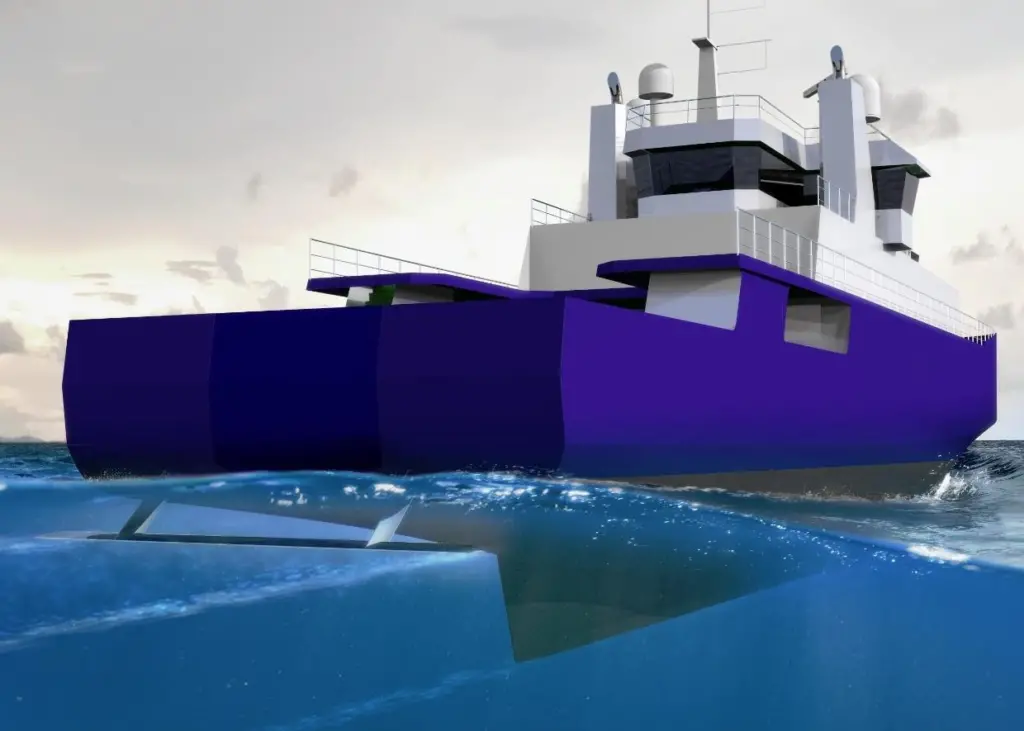 Hull Vane converts energy from the stern wave and of the ship motions into forward thrust