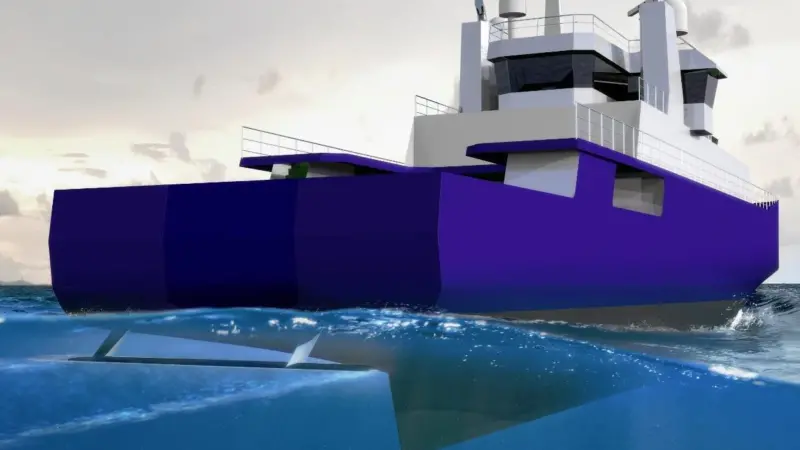 Hull Vane converts energy from the stern wave and of the ship motions into forward thrust