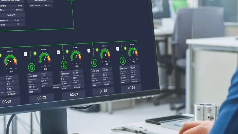 Users can add different monitoring instruments including start/stop buttons, gauges, alarm lists, and even a video feed