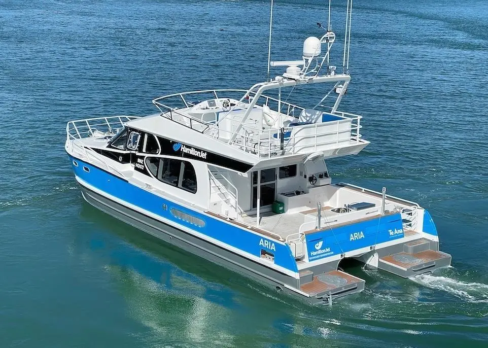 'Aria' – a 15-metre aluminium hydrofoil-assisted catamaran – is fitted with HamiltonJet’s innovative Electro-Hybrid Drive (EHX) system