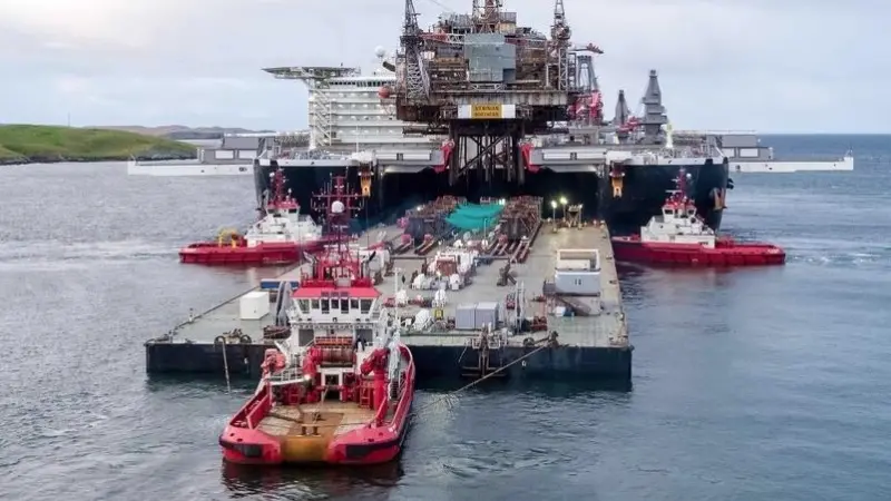 The platform was brought to Shetland on the world's largest construction ship, the 'Pioneering Spirit'