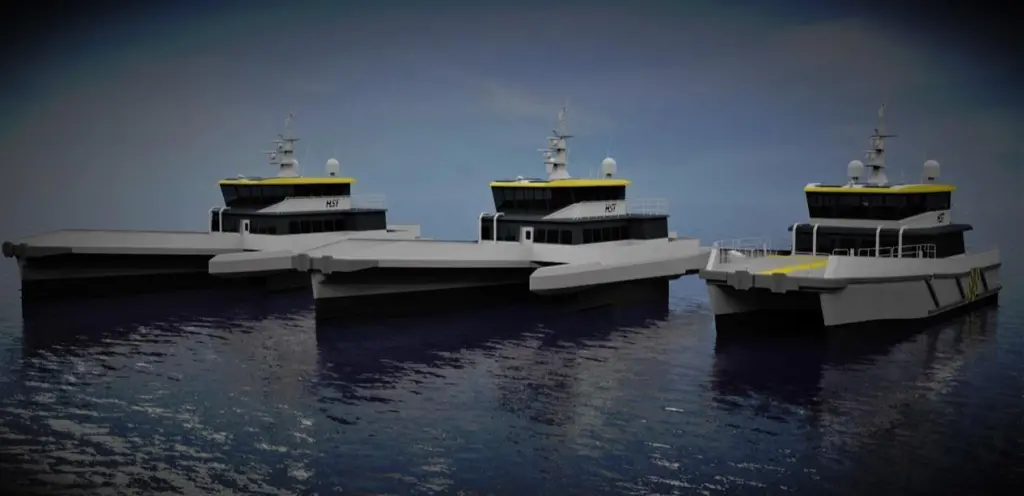The BARTech 30 CTV (2 boats shown on the left) is a completely ground-breaking and unusual looking design