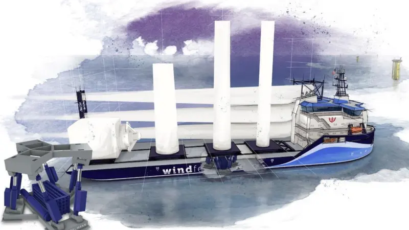 The wind turbine components are arranged on the ship with a quick connect grip- and glide system