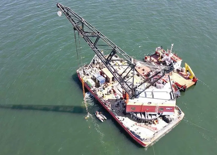 'Nicola Faith' was carefully raised to the surface by crane barge BD6072 (capable of lifting up to 150te)