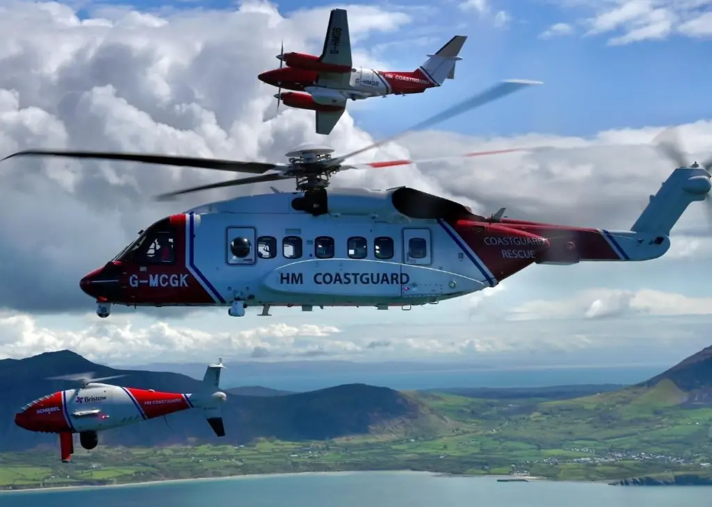 HM Coastguard’s drone, helicopter and aeroplane assets undertaking their first formation flight in Wales (Credit: Ian Black, HM Coastguard, Bristow Helicopters, 2Excel Aviation)