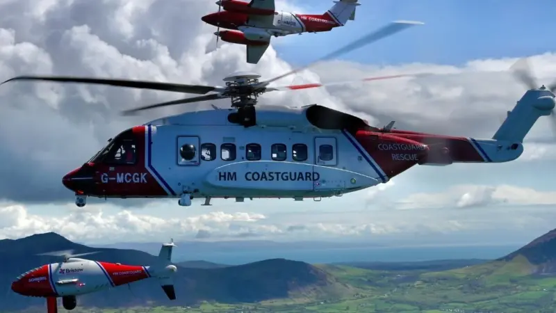 HM Coastguard’s drone, helicopter and aeroplane assets undertaking their first formation flight in Wales (Credit: Ian Black, HM Coastguard, Bristow Helicopters, 2Excel Aviation)