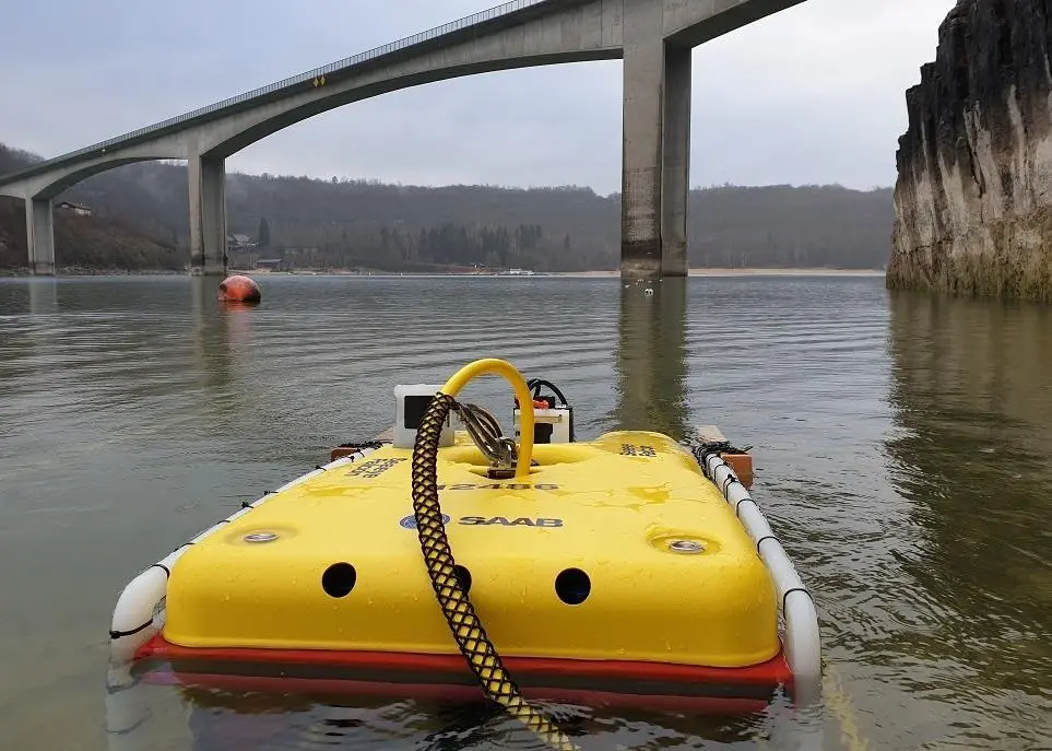 Falcon inspecting bridge supports at Lake Vouglans
