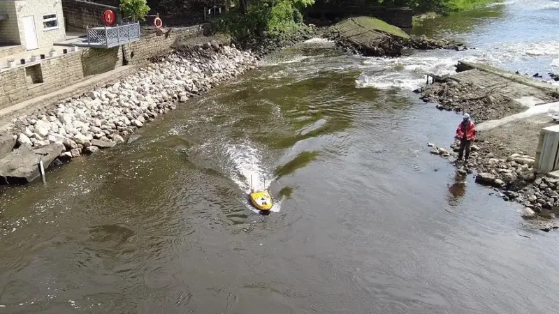 Ocean Alpha SL40 Unmanned Survey Vessel in the extremely shallow river