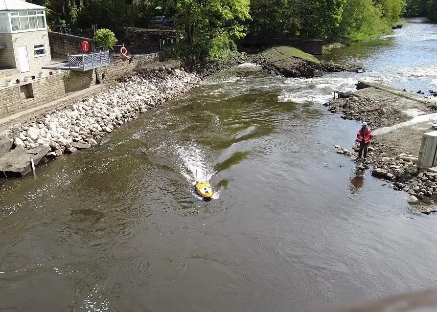 Ocean Alpha SL40 Unmanned Survey Vessel in the extremely shallow river