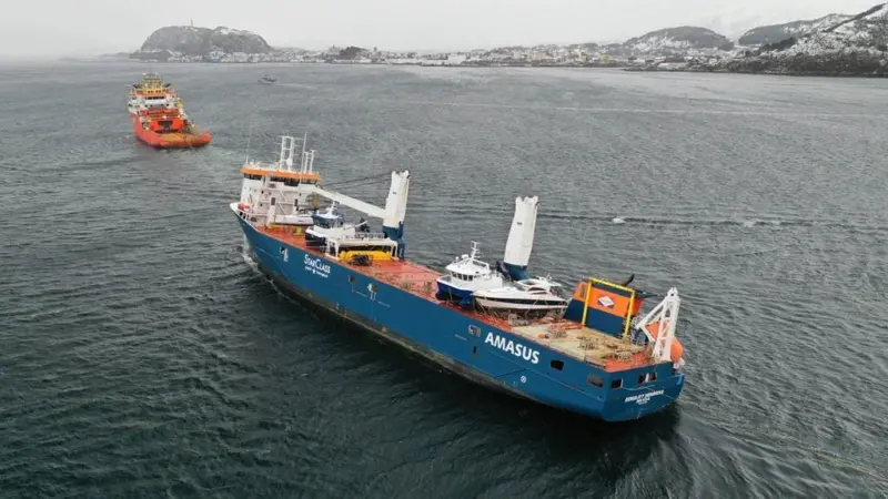'Eemslift Hendrika' was towed to a safe haven after developing a severe list off Norway (Stig Jacobsen - Kystverket)