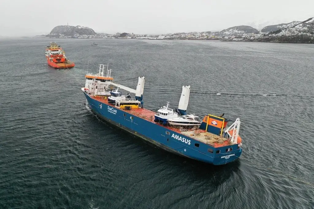 'Eemslift Hendrika' was towed to a safe haven after developing a severe list off Norway (Stig Jacobsen - Kystverket)