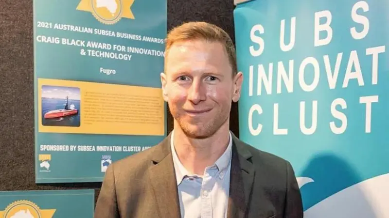 Ben Fell, Fugro’s IRM Lead Project Engineer in Australia, receives the prestigious Craig Black Award for Innovation and Technology at Subsea Energy Australia
