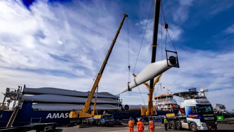 64 turbine parts including blades and tower sections were taken off the vessel