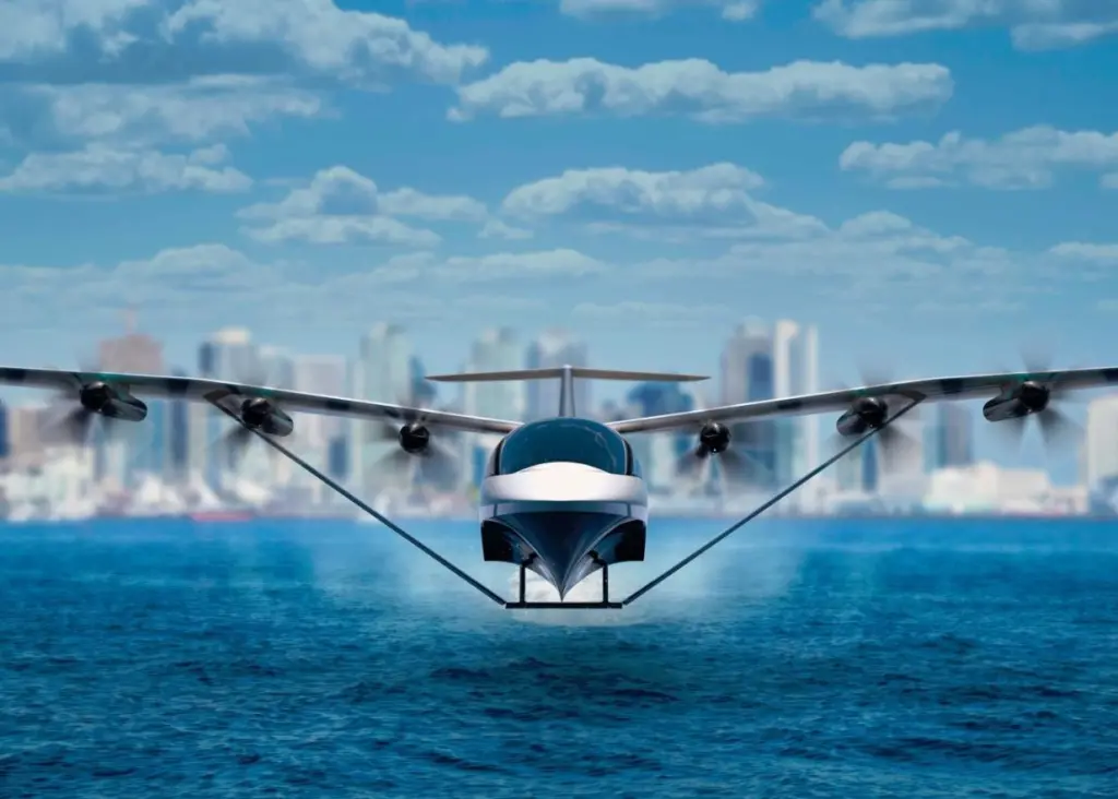 The 12-passenger seaglider also appears to use hydrofoil technology to reduce drag before take-off