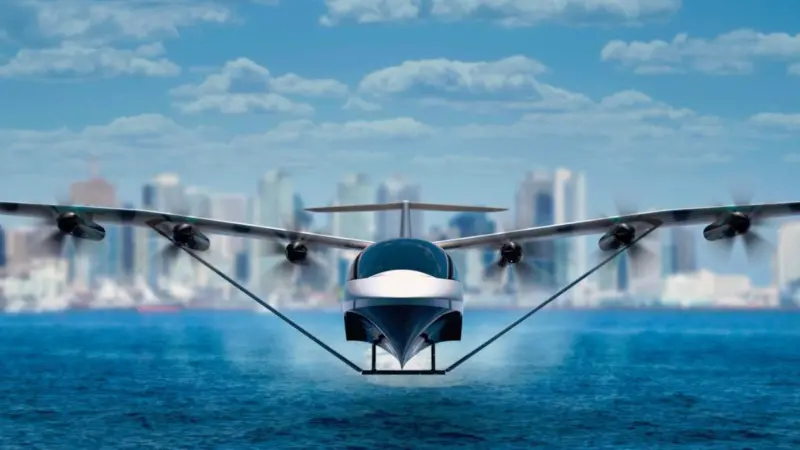 The 12-passenger seaglider also appears to use hydrofoil technology to reduce drag before take-off