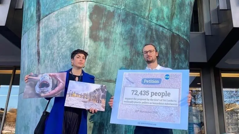 EIA Ocean campaigners Christina Dixon and Tom Gammage deliver the petition to the IMO
