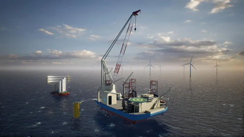 An illustration of first-of-its-kind Wind Installation Vessel for Maersk Supply Service with Steerprop propulsion package