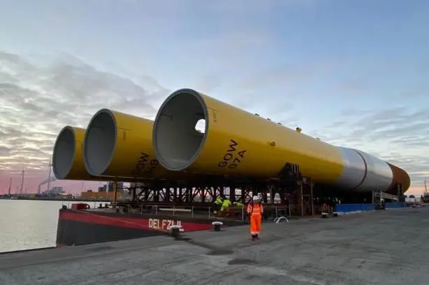 Monopiles being transported on Wagenborg's Barge 8