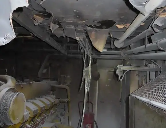 The engine room of a RoRo cargo ship after fire broke out in a flexible hose