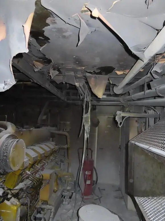 The engine room of a RoRo cargo ship after fire broke out in a flexible hose