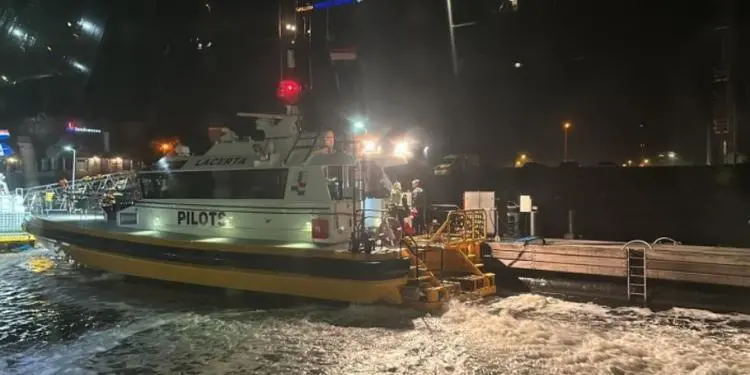 A docked pilot transfer vessel.