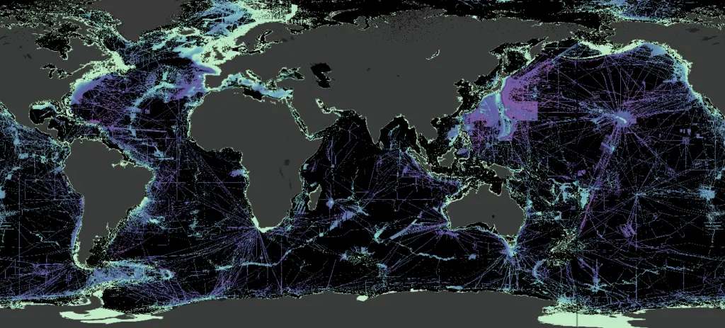 Coverage in the 2023 GEBCO grid, with a focus on the Atlantic and Indian Oceans