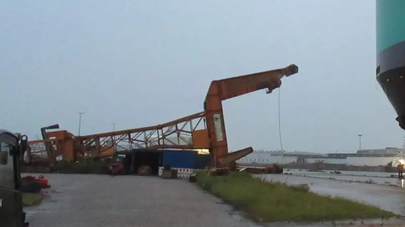 Crane knocked over by car transporter Don Quijote