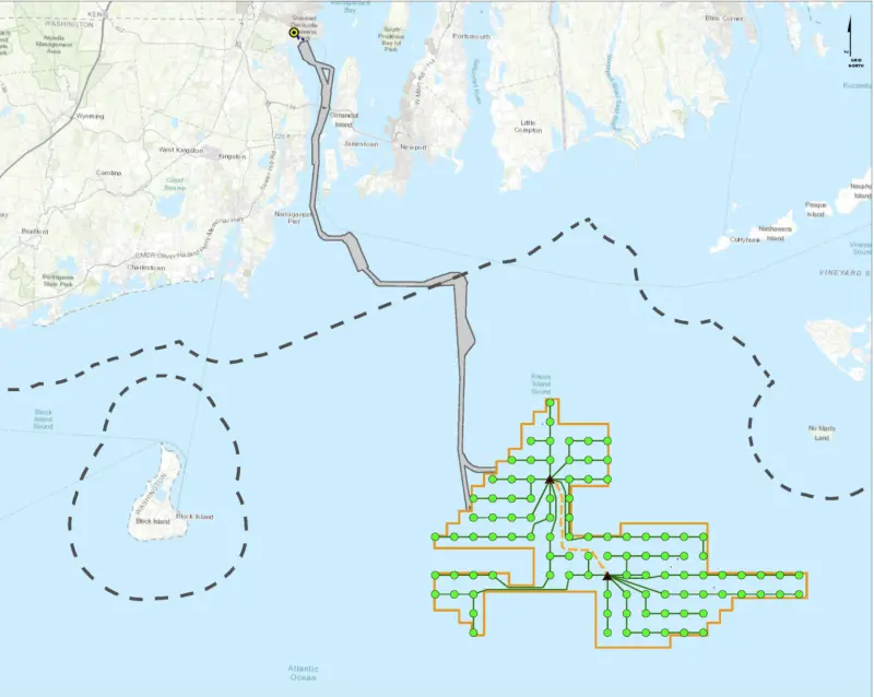 Proposed locations of turbines at a new Rhode Island offshore wind farm