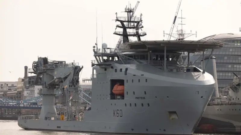 'RFA Proteus' on the River Thames in London for its service of dedication (RFA)