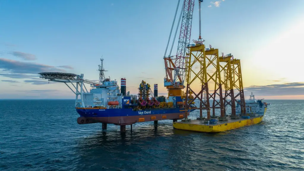 Van Oord offshore installation vessel 'Aeolus' installing jackets at the Saint-Brieuc offshore wind farm
