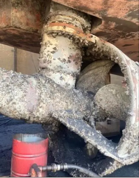 Barnacles on the propellor and rtudder of a ship
