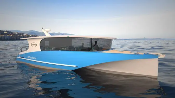 The boat is a progression of Optima yachts to be used as a passenger ferry with 10 to 12 passengers.