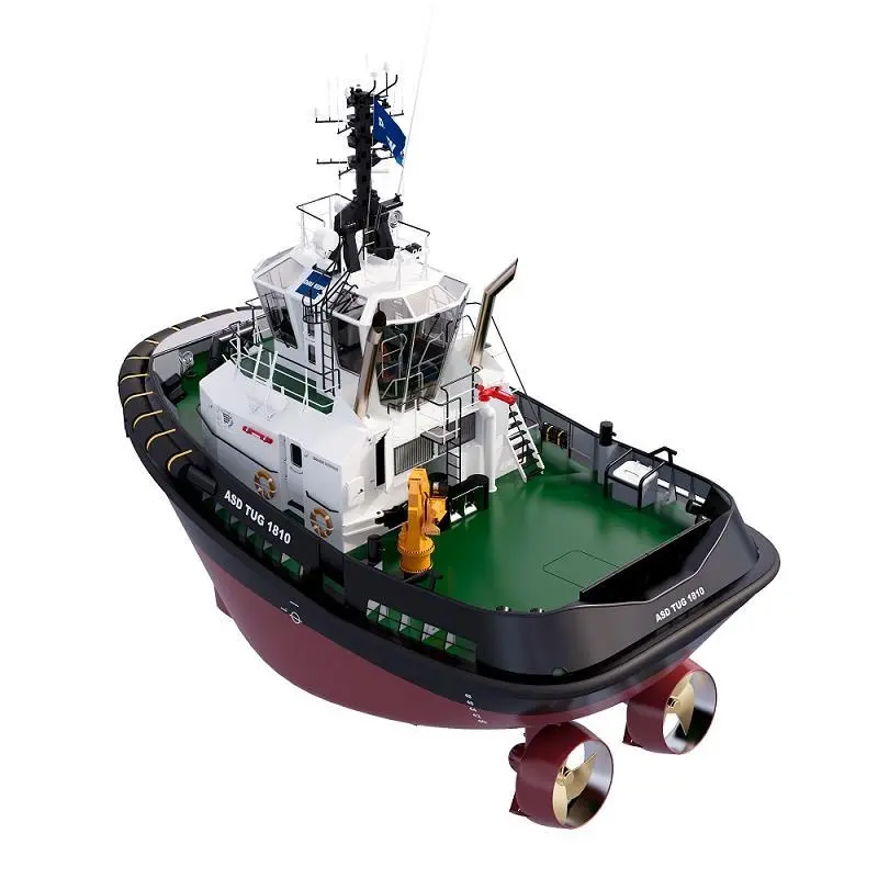 The tug's towing winch is enclosed within the deckhouse block (Damen)