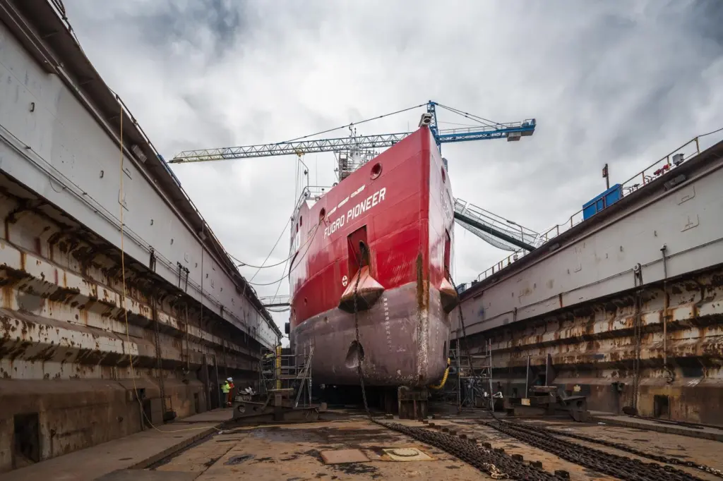 Fugro Pioneer in dry dock undergoing a conversion to run on methanol