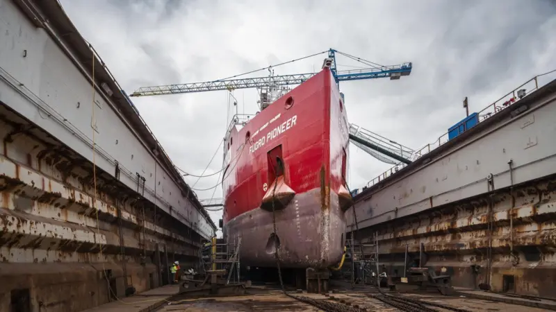 Fugro Pioneer in dry dock undergoing a conversion to run on methanol