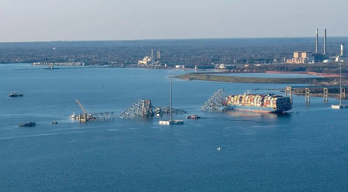 A large section of the Key Bridge collapsed following the allision (USCG)
