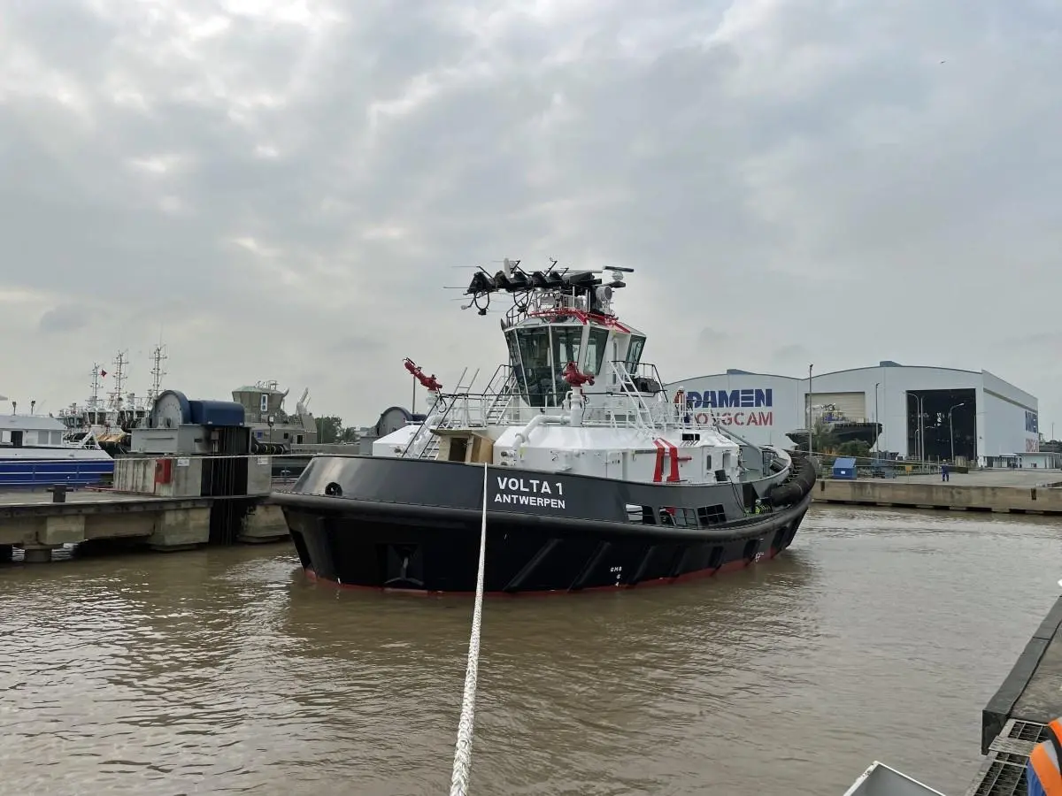 The tug is described as an 'always bow first' design by the builder (Damen)