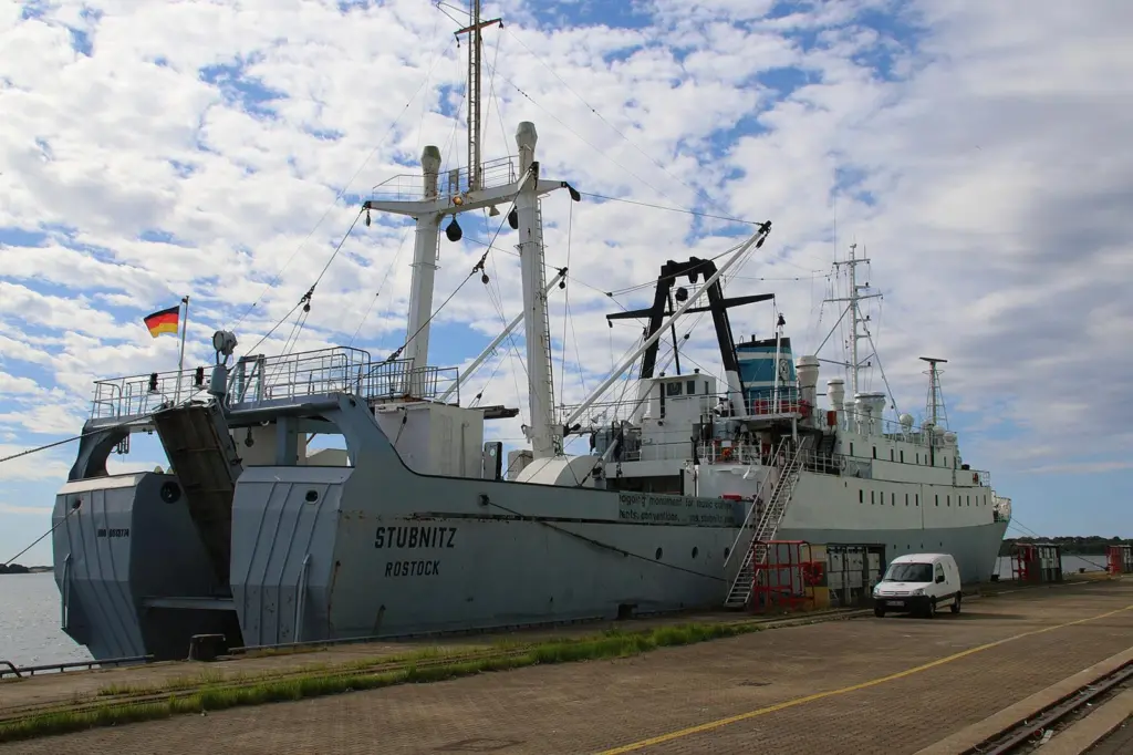 Iamge shows Stubnitz, once part of the GDR’s deep-sea fishing fleet docked at Strela for restoration