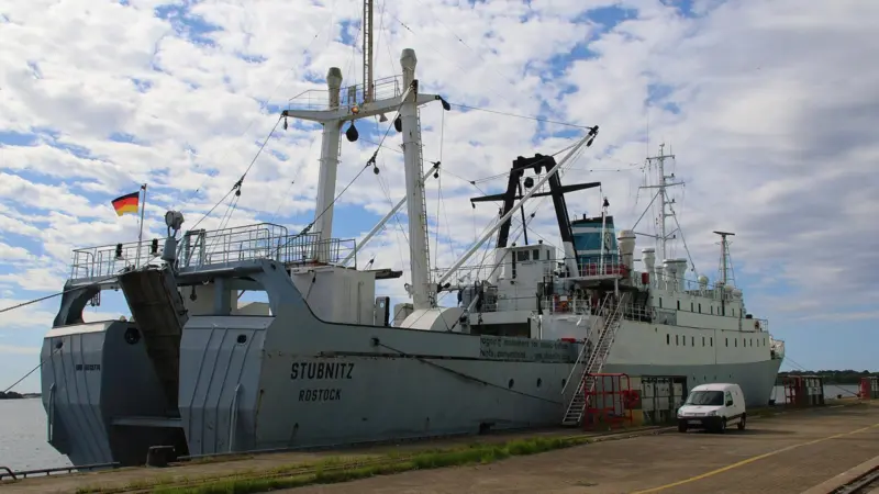 Iamge shows Stubnitz, once part of the GDR’s deep-sea fishing fleet docked at Strela for restoration