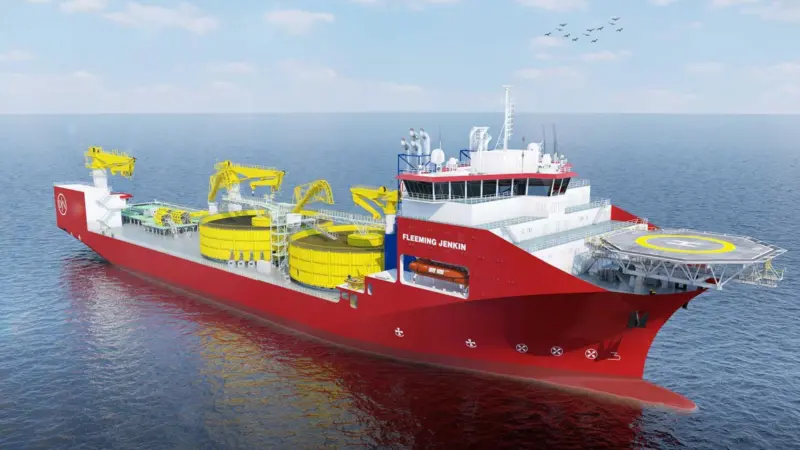 Images shows a render of Jan De Nul’s newbuild Fleeming Jenkin cable-laying vessel
