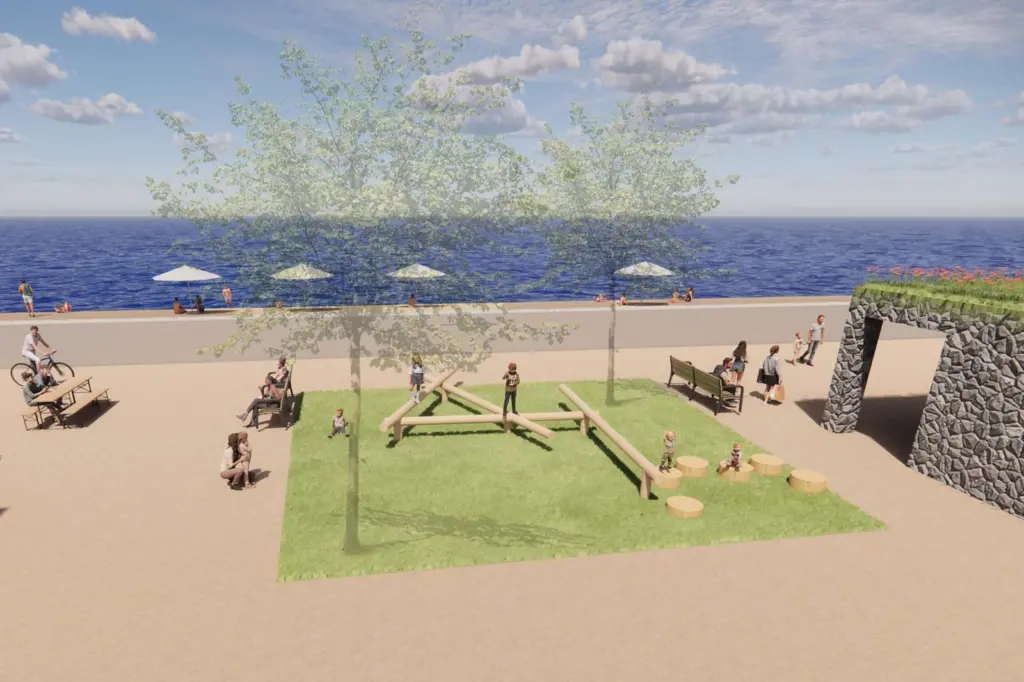 The image shows an artist impression of Kinmel Bay flood wall view from the new car park, featuring a mini park