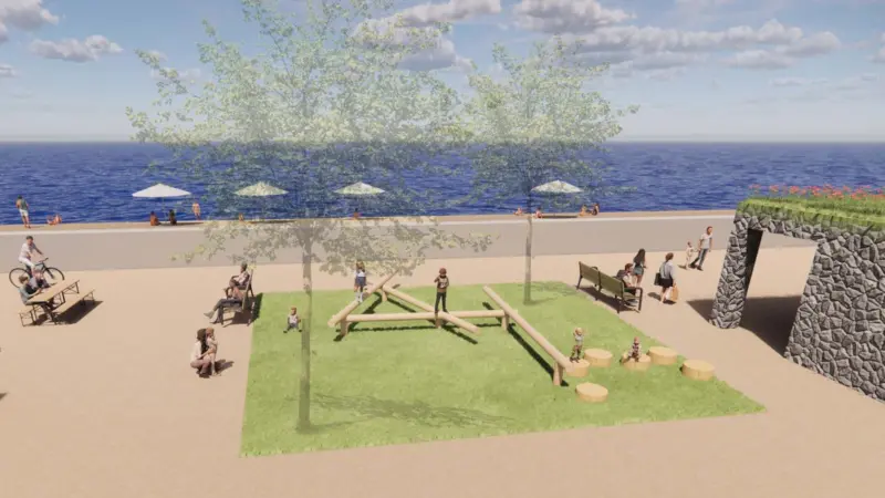 The image shows an artist impression of Kinmel Bay flood wall view from the new car park, featuring a mini park