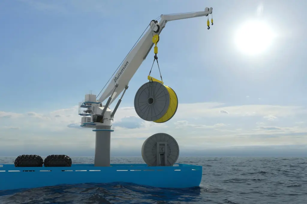 The images shows a Huisman Knuckle Boom Crane performing lifting operations