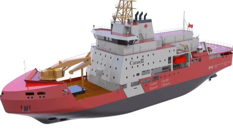 The image shows a render of the multi-purpose vessel being built for the Canadian Coast Guard