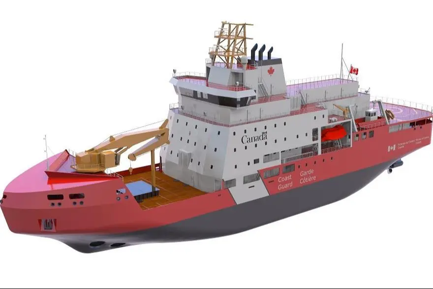 The image shows a render of the multi-purpose vessel being built for the Canadian Coast Guard